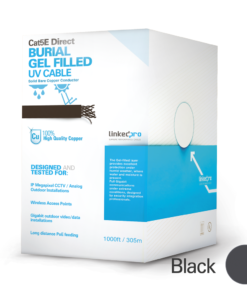 500 ft (152 m) Coil of Outdoor Cat5E Cable with Gel, Double Sheath for Extreme Humidity, Underground Rated, UL Certified. Black Color for CCTV Applications and High-Speed Networks. Suitable for Outdoor Use